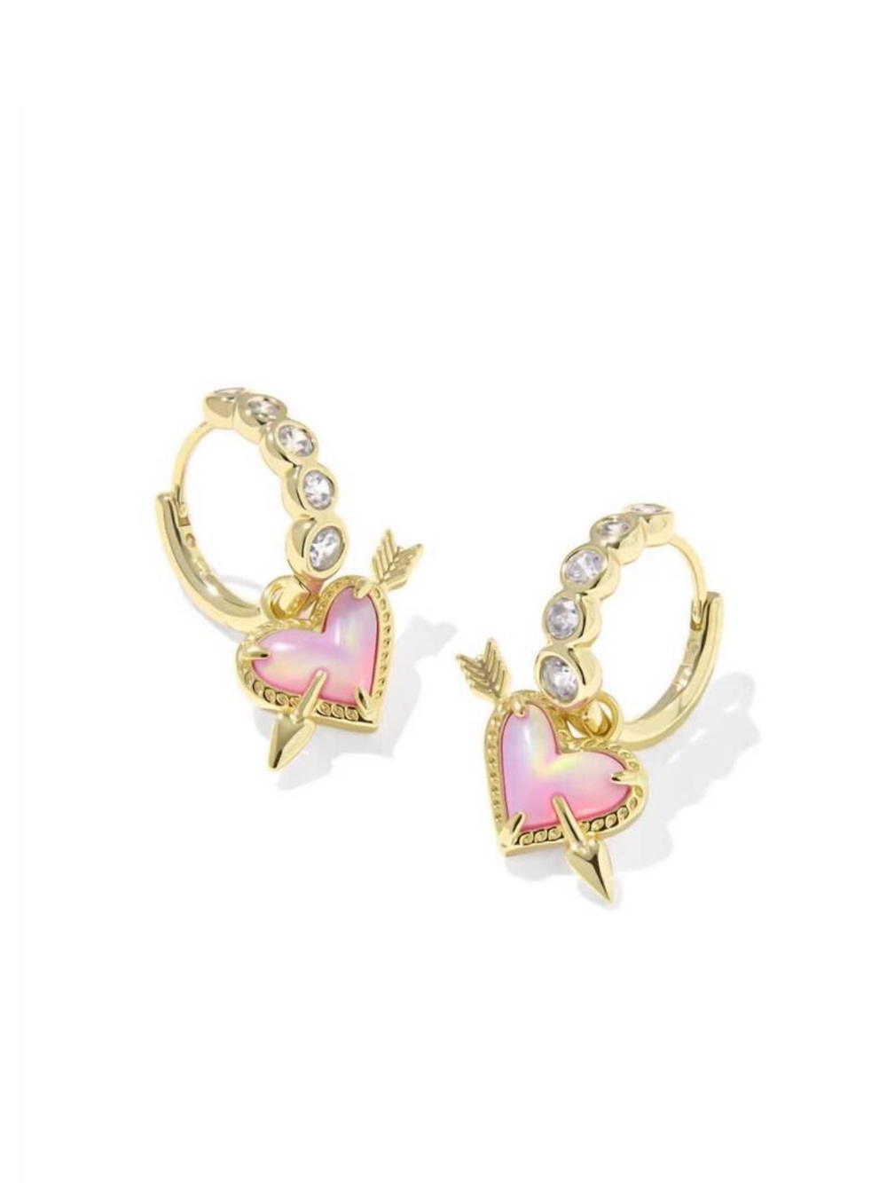 NEW Kendra Scott Heart Arrow Gold Diamond Huggie Pink Opal Iridescent Earrings